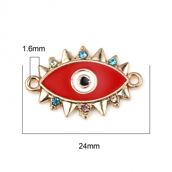 Picture of Zinc Based Alloy Religious Connectors Marquise Gold Plated Red Evil Eye Enamel Multicolor Rhinestone 24mm x 16mm, 10 PCs