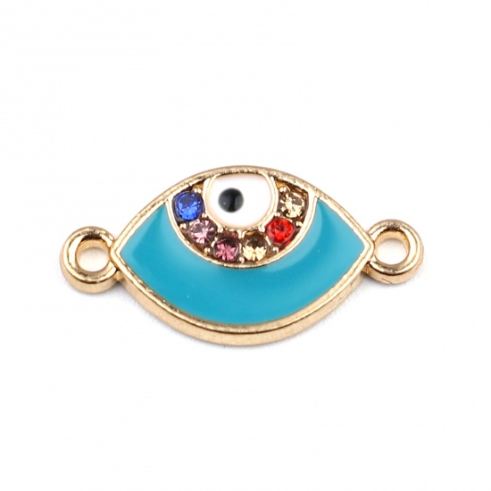 Picture of Zinc Based Alloy Religious Connectors Marquise Gold Plated Green Blue Enamel Multicolor Rhinestone 21mm x 10mm, 10 PCs