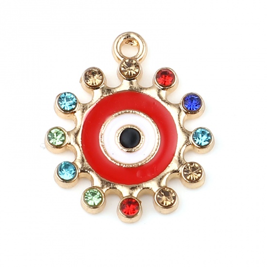 Picture of Zinc Based Alloy Religious Charms Sun Gold Plated Red Evil Eye Enamel Multicolor Rhinestone 19mm x 17mm, 10 PCs