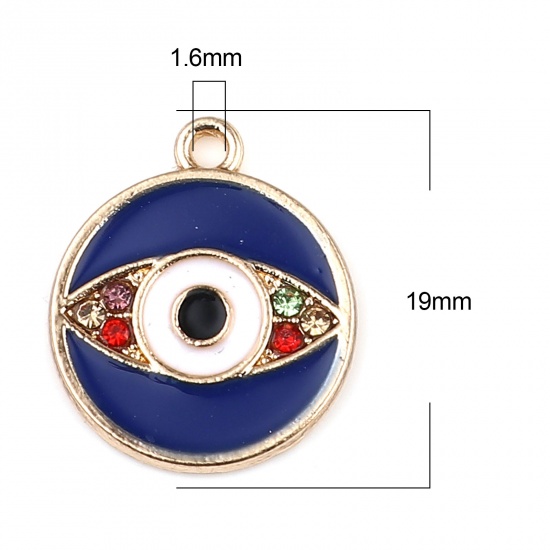 Picture of Zinc Based Alloy Religious Charms Round Gold Plated Dark Blue Evil Eye Enamel 19mm x 16mm, 10 PCs