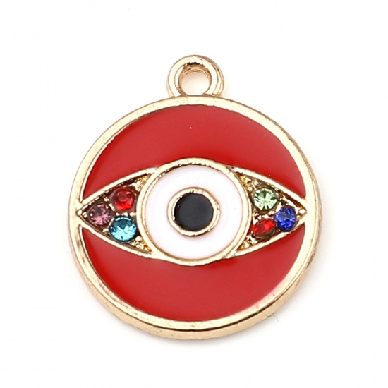 Picture of Zinc Based Alloy Religious Charms Round Gold Plated Red Evil Eye Enamel 19mm x 16mm, 10 PCs