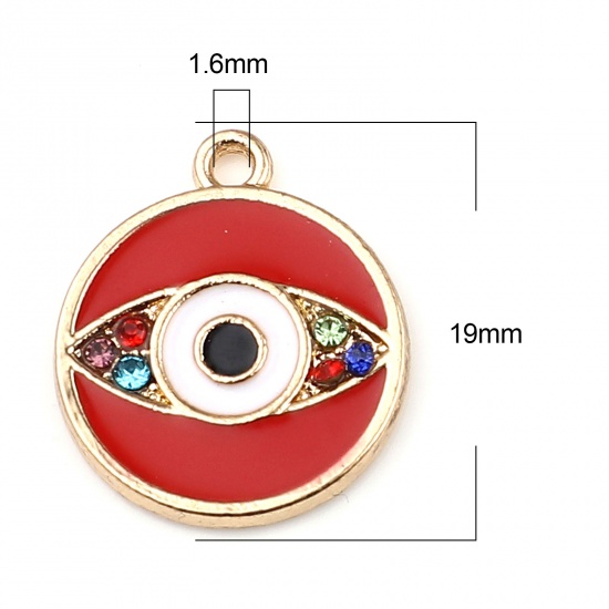 Picture of Zinc Based Alloy Religious Charms Round Gold Plated Red Evil Eye Enamel 19mm x 16mm, 10 PCs