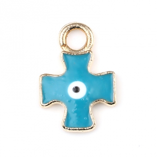 Immagine di Lega di Zinco Religione Charms Croce Oro Placcato Verde Blu Malocchio Smalto 16mm x 11mm , 10 Pz