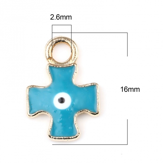 Immagine di Lega di Zinco Religione Charms Croce Oro Placcato Verde Blu Malocchio Smalto 16mm x 11mm , 10 Pz