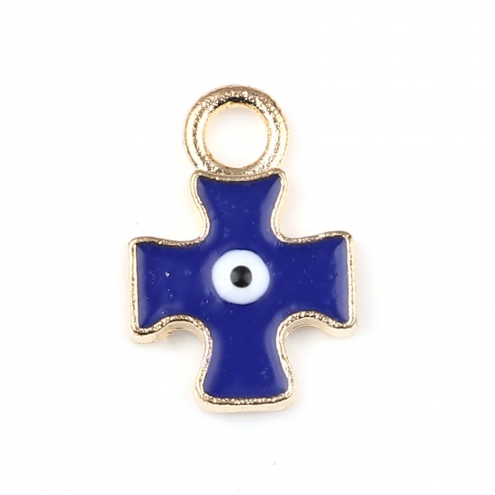 Immagine di Lega di Zinco Religione Charms Croce Oro Placcato Blu Scuro Malocchio Smalto 16mm x 11mm , 10 Pz