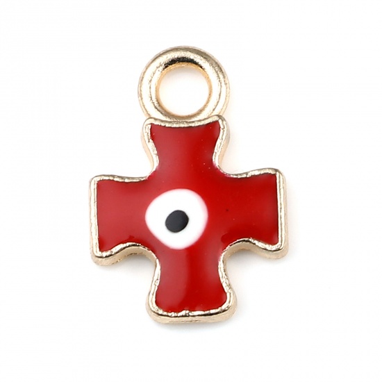 Immagine di Lega di Zinco Religione Charms Croce Oro Placcato Rosso Malocchio Smalto 16mm x 11mm , 10 Pz