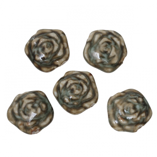 Bild von Keramik Perlen Polygon Olivgrün , mit Blumen Muster, 26mm x 25mm, Loch: 2.3mm-3.1mm, 10 Stücke