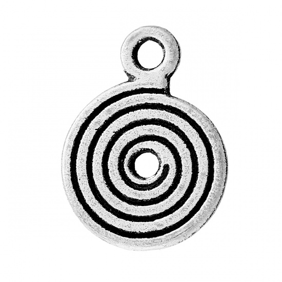 Picture of Zinc Metal Alloy Charms Round Antique Silver Spiral Carved 13mm( 4/8") x 9mm( 3/8"), 30 PCs