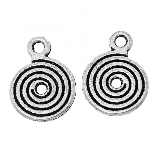 Picture of Zinc Metal Alloy Charms Round Antique Silver Spiral Carved 13mm( 4/8") x 9mm( 3/8"), 30 PCs