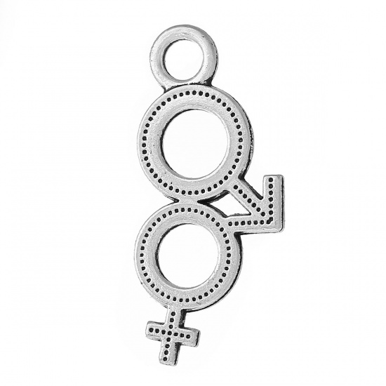Picture of Zinc Metal Alloy Pendants Male & Female Sign Antique Silver 3.1cm(1 2/8") x 1.5cm( 5/8"), 20 PCs