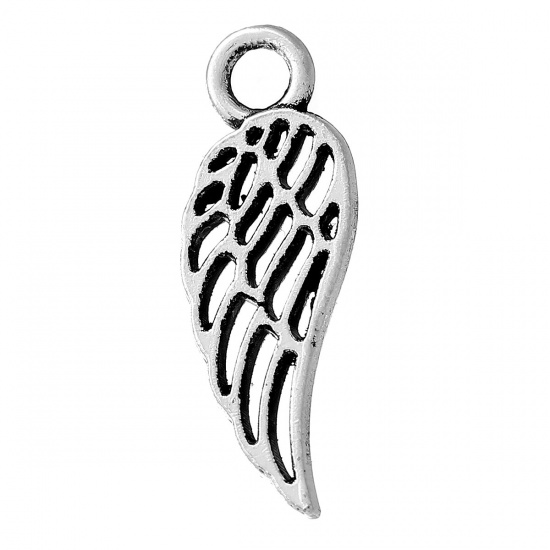 Picture of Zinc Based Alloy Charms Angel Wing Antique Silver Hollow 18mm( 6/8") x 7mm( 2/8"), 50 PCs
