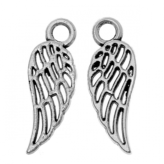 Picture of Zinc Based Alloy Charms Angel Wing Antique Silver Hollow 18mm( 6/8") x 7mm( 2/8"), 50 PCs