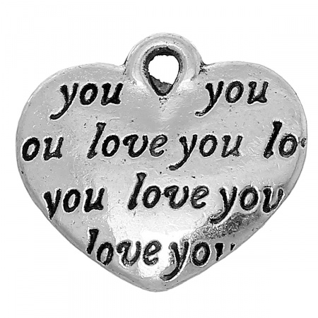 Lega di Zinco Charm Ciondoli Cuore Argento Antico Lettere Scolpito " Love you " 14mm x 12mm , 30 Pz