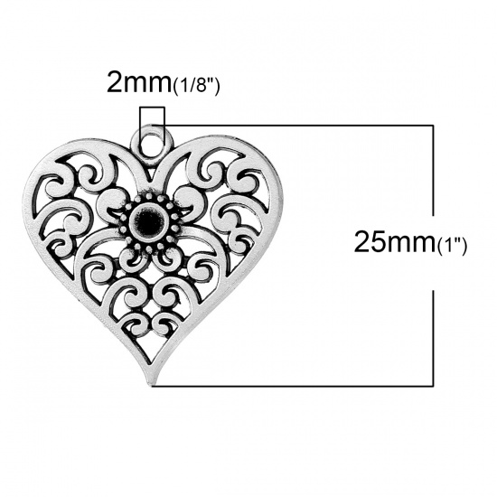 Image de Pendentifs en Alliage de Zinc Cœur Argent Vieilli (Apparié avec Strass de ss12) Fleurs Creux 25mm x 25mm, 20 Pcs