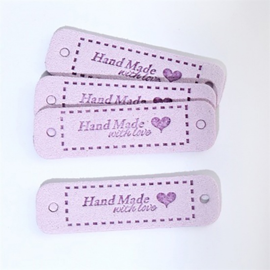 Picture of PU Leather Label Tags Rectangle Purple HeartPattern " Hand Made With Love " 55mm x 15mm , 20 PCs