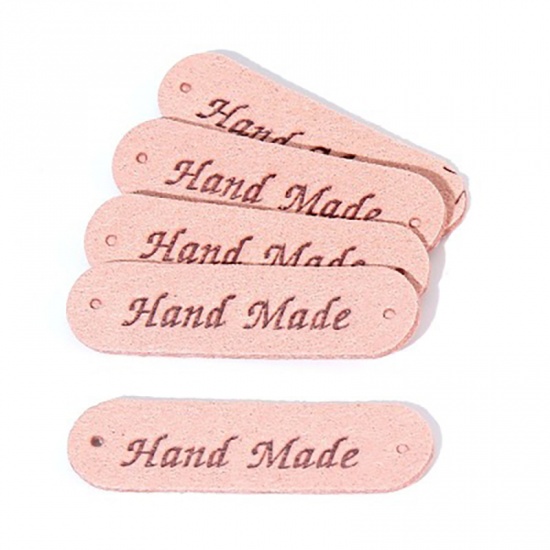 Immagine di PU Tag Etichetta Rettangolo Rosa " Hand Made " 45mm x 12mm , 20 Pz