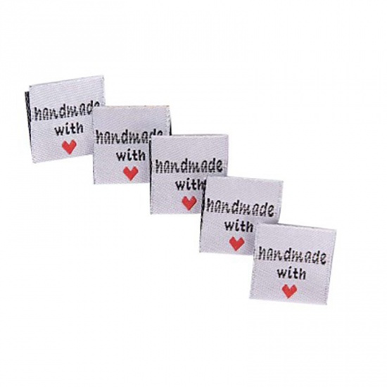 Immagine di Stoffa Tag Etichetta Rettangolo Bianco Cuore Forma " Hand Made With Love " 40mm x 20mm , 50 Pz