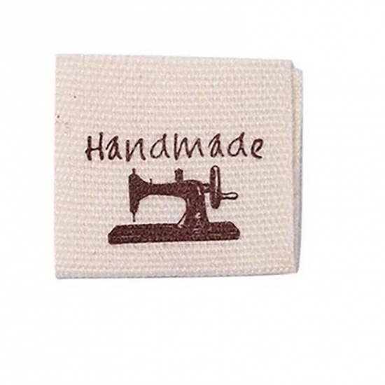 Picture of Fabric Label Tags Rectangle Beige Sewing MachinePattern " Handmade " 40mm x 20mm , 100 PCs