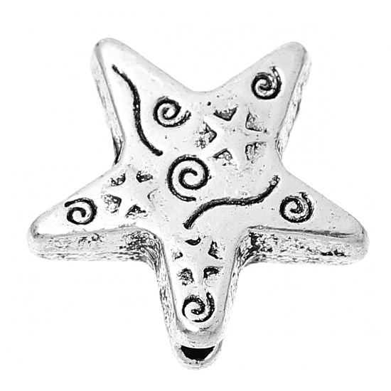 Immagine di Lega di Zinco Separatori Perline Stella a Cinque Punte Argento Antico Spirale Scolpisce Circa 14mm x 14mm, Foro:Circa 1.6mm, 50 Pz