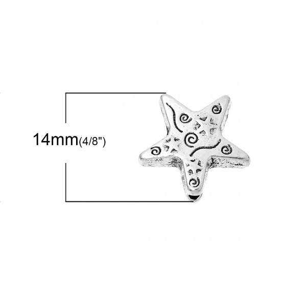 Bild von Zinklegierung Zwischenperlen Spacer Perlen Pentagramm Antik Silber Gewinde ca. 14mm x 14mm, Loch:ca. 1.6mm, 50 Stücke