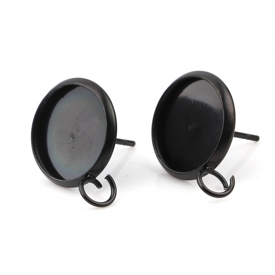 Bild von Edelstahl Ohrring Ohrstecker Rund M/Öse (für 12mm) 18mm x 14mm, Drahtstärke: (21 gauge), 6 Stück Schwarz