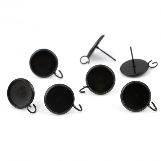 Bild von Edelstahl Ohrring Ohrstecker Rund M/Öse (für 12mm) 18mm x 14mm, Drahtstärke: (21 gauge), 6 Stück Schwarz