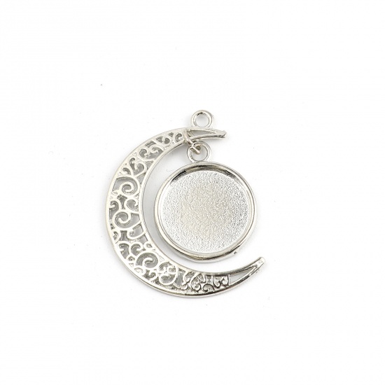 Picture of Zinc Based Alloy Cabochon Settings Pendants Half Moon Silver Tone Carved Pattern (Fits 18mm Dia.) 40mm x 34mm, 5 PCs