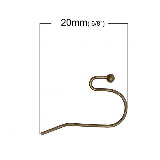 Picture of Brass Ear Wire Hooks Earring Findings Antique Bronze 20mm( 6/8") x 15mm( 5/8"), Post/ Wire Size: (21 gauge), 200 PCs                                                                                                                                          