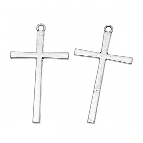 Picture of Zinc Based Alloy Easter Pendants Cross Antique Silver Color 43mm(1 6/8") x 25mm(1"), 50 PCs