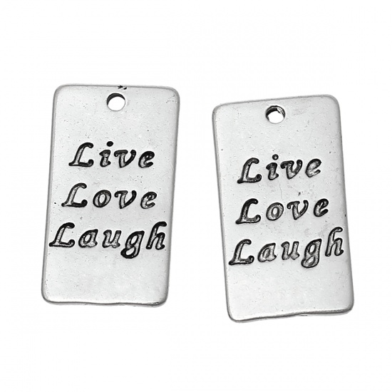 Picture of Zinc Metal Alloy Charms Rectangle Antique Silver Message " Live Love Laugh " Carved 22mm( 7/8") x 13mm( 4/8"), 2 PCs