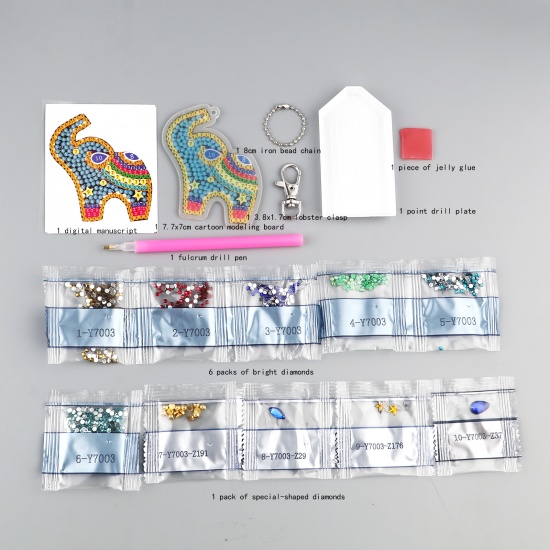 Picture of Acrylic Embroidery DIY Kit Diamond Painting Rhinestone Keychain & Keyring Accessories Multicolor Elephant Animal 1 Set