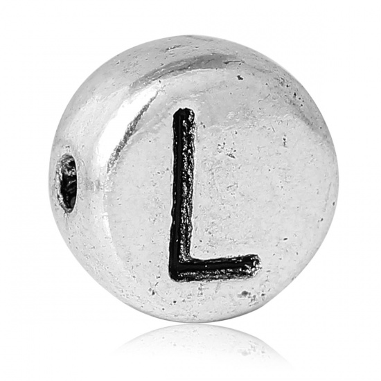 Picture of Spacer Beads Round Antique Silver Color Letter "L" Pattern Carved About 7mm Dia, Hole:Approx 1.2mm, 100 PCs