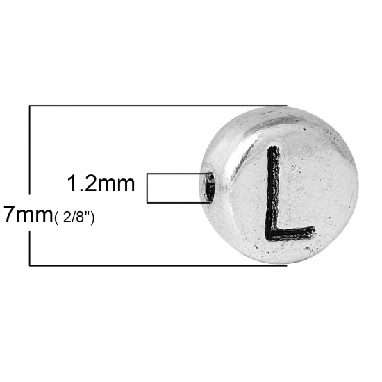 Picture of Spacer Beads Round Antique Silver Color Letter "L" Pattern Carved About 7mm Dia, Hole:Approx 1.2mm, 100 PCs