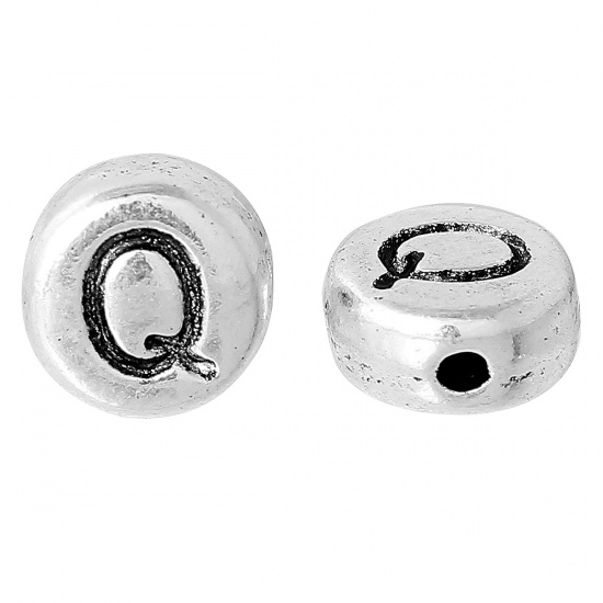 Picture of Spacer Beads Round Antique Silver Letter "Q" Pattern Carved About 7.0mm( 2/8") Dia, Hole:Approx 1.2mm, 100 PCs