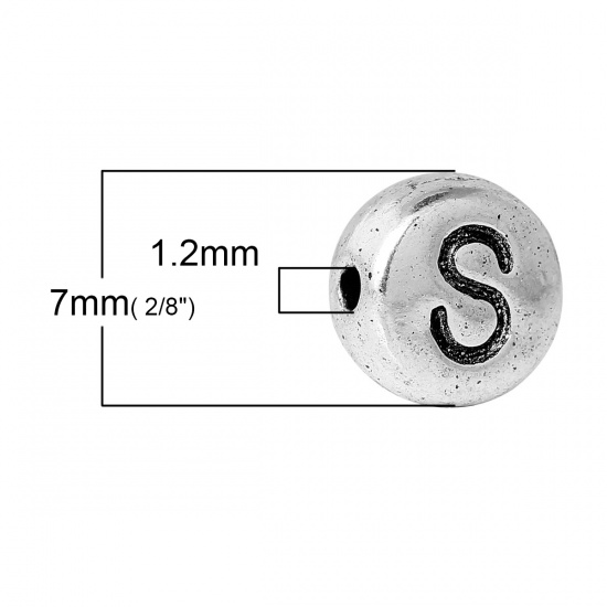 Picture of Spacer Beads Round Antique Silver Color Letter "S" Pattern Carved About 7mm Dia, Hole:Approx 1.2mm, 100 PCs