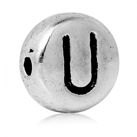 Picture of Spacer Beads Round Antique Silver Color Letter "U" Pattern Carved About 7.0mm( 2/8") Dia, Hole:Approx 1.2mm, 100 PCs