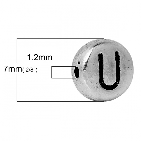 Picture of Spacer Beads Round Antique Silver Color Letter "U" Pattern Carved About 7.0mm( 2/8") Dia, Hole:Approx 1.2mm, 100 PCs