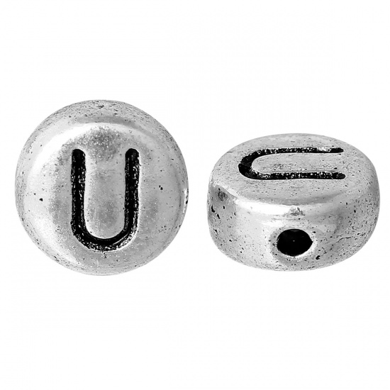 Picture of Spacer Beads Round Antique Silver Color Letter "U" Pattern Carved About 7.0mm( 2/8") Dia, Hole:Approx 1.2mm, 100 PCs