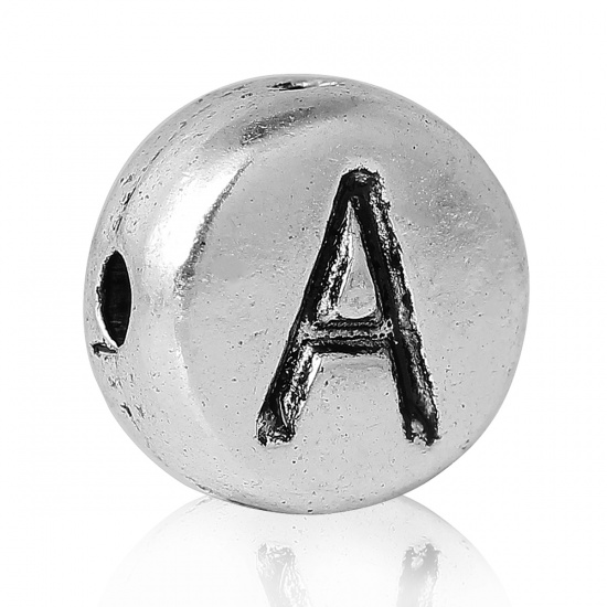 Picture of Spacer Beads Round Antique Silver Color Letter "A" Pattern Carved About 7mm Dia, Hole:Approx 1.2mm, 100 PCs