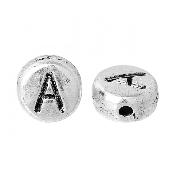 Picture of Spacer Beads Round Antique Silver Color Letter "A" Pattern Carved About 7mm Dia, Hole:Approx 1.2mm, 100 PCs