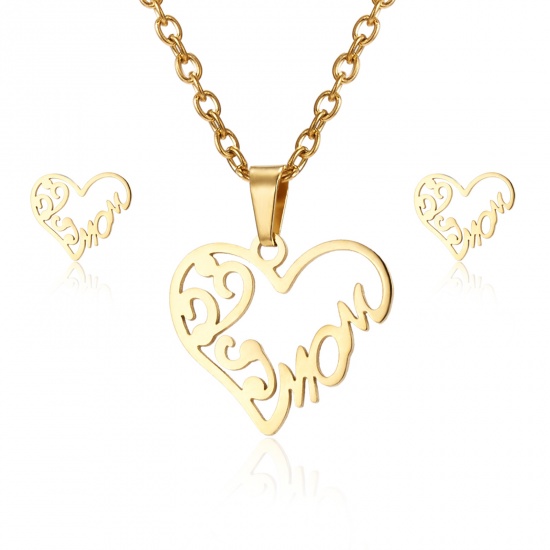 Picture of Stainless Steel Mother's Day Jewelry Necklace Stud Earring Set Gold Plated Heart Message " Mom " 44cm(17 3/8") long, 1cm x 1cm, 1 Set ( 2 PCs/Set)