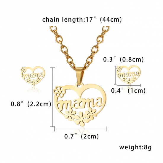 Picture of Stainless Steel Mother's Day Jewelry Necklace Stud Earring Set Gold Plated Heart Flower Message " Mama " 44cm(17 3/8") long, 1cm x 0.8cm, 1 Set ( 2 PCs/Set)