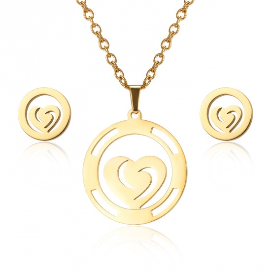 Picture of Stainless Steel Mother's Day Jewelry Necklace Stud Earring Set Gold Plated Circle Ring Heart 44cm(17 3/8") long, 1cm x 1cm, 1 Set ( 2 PCs/Set)