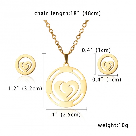 Picture of Stainless Steel Mother's Day Jewelry Necklace Stud Earring Set Gold Plated Circle Ring Heart 44cm(17 3/8") long, 1cm x 1cm, 1 Set ( 2 PCs/Set)