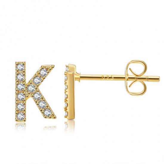 Picture of Copper Ear Post Stud Earrings Real Gold Plated Capital Alphabet/ Letter Message " K " Clear Cubic Zirconia 6mm, 1 Pair