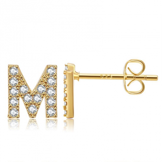 Picture of Copper Ear Post Stud Earrings Real Gold Plated Capital Alphabet/ Letter Message " M " Clear Cubic Zirconia 6mm, 1 Pair