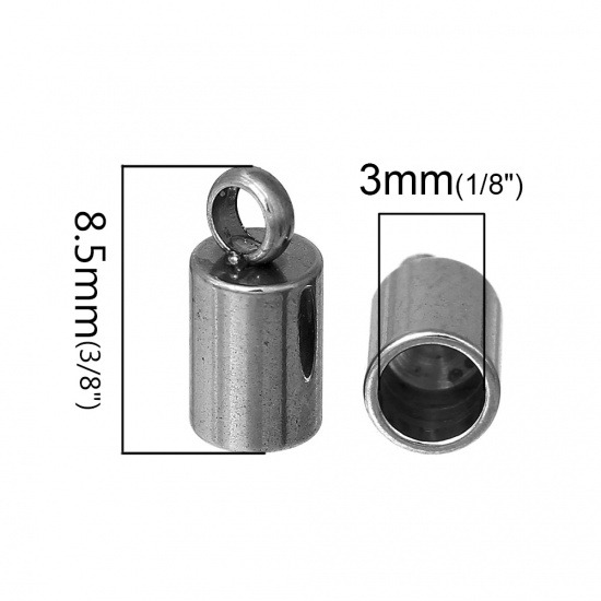 Picture of Stainless Steel Necklace Cord End Tips Cylinder Silver Tone (Fits 3mm Cord) 8.5mm( 3/8") x 4.0mm( 1/8"), 30 PCs