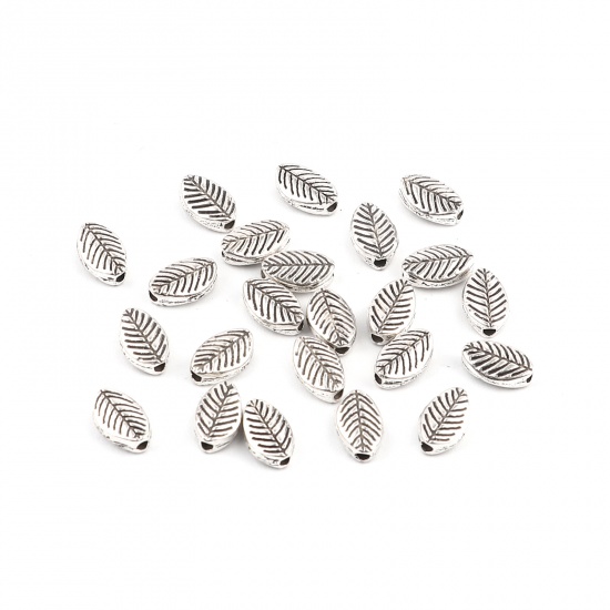 Immagine di Lega di Zinco Perline Foglia Argento Antico Circa 9mm x 6mm, Foro:Circa 1.6mm, 200 Pz