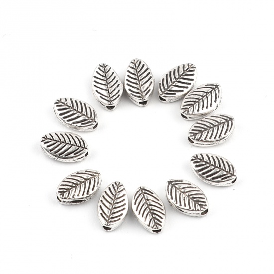 Immagine di Lega di Zinco Perline Foglia Argento Antico Circa 9mm x 6mm, Foro:Circa 1.6mm, 200 Pz