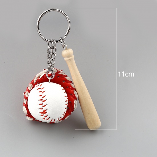 Picture of PU & Natural Wood Keychain & Keyring Red Baseball Bat Glove 11cm, 1 Piece